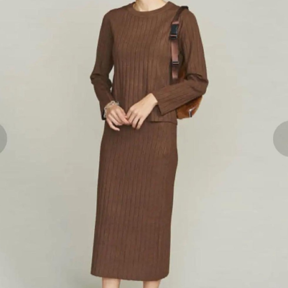 Beauty & Youth Brown Ribbed Knit Skirt Set Matching Top Midi Skirt Minimalist